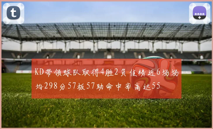 KD带领球队取得4胜2负佳绩近6场场均298分57板57助命中率高达55